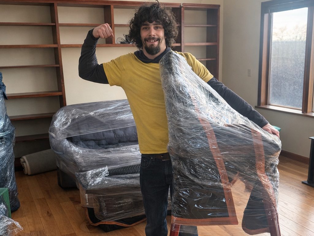 A Hercules mover carrying a wrapped loveseat through an empty apartment