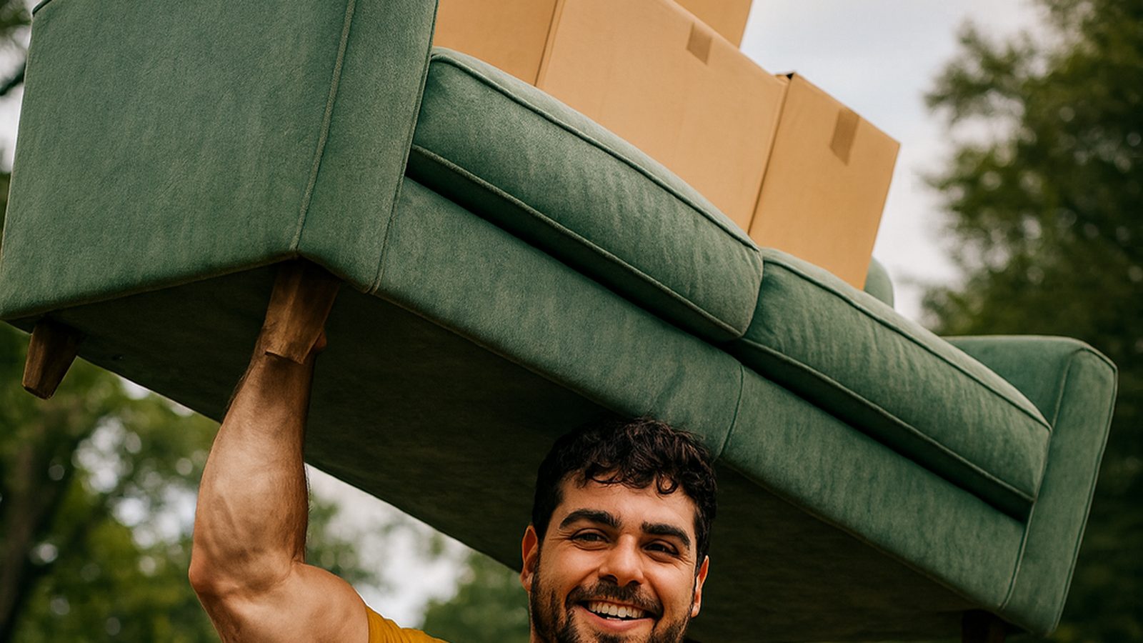 Jacob smiling and giving a thumbs up while holding a green sofa overhead on a suburban street