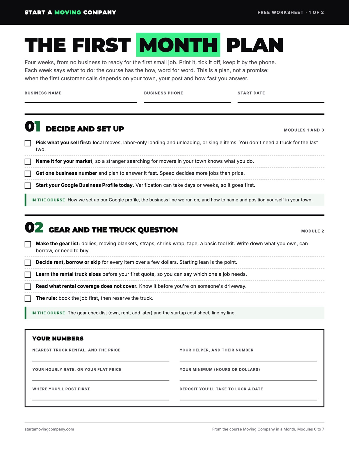 Page one of the First Month Plan: week 1, decide and set up, and week 2, gear and the truck question, each with checkboxes, plus a box for your numbers