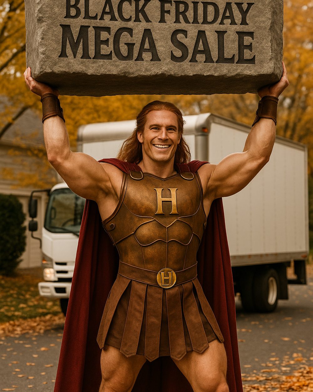 A promotional graphic of a Hercules character holding a stone slab that reads Black Friday Mega Sale, with a moving truck behind him