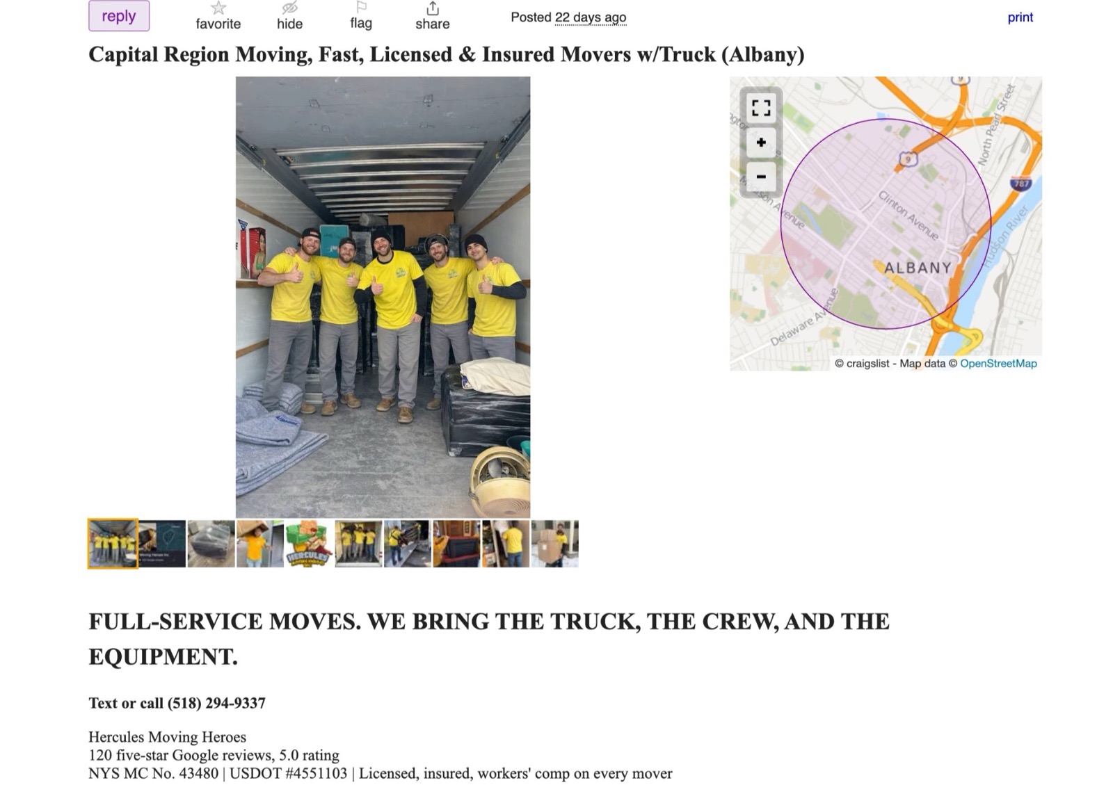 The Hercules Craigslist listing: Capital Region Moving, Fast, Licensed and Insured Movers with Truck, posted 22 days ago, with the five-man crew photo, an Albany map, the phone number and the license numbers