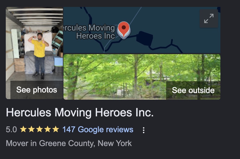 The Hercules Moving Heroes Inc. Google Business Profile card: 5.0 stars, 147 Google reviews, Mover in Greene County, New York, with a crew photo and the map pin