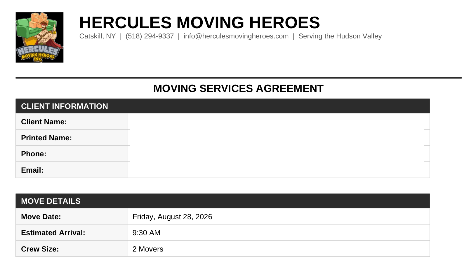 The first page of the signed Moving Services Agreement: the Hercules header, the client block with the name, phone and email covered, and the move details, Friday August 28, 2026, 9:30 AM arrival, two movers.