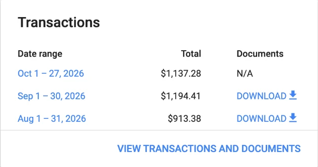 The Local Services Ads billing page, transactions: October 1 to 27, 2026, $1,137.28; September, $1,194.41; August, $913.38.