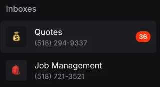 The Inboxes panel in Quo: Quotes on (518) 294-9337 with 36 open threads, and Job Management on (518) 721-3521.