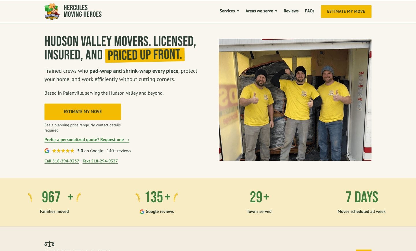 The Hercules Moving Heroes homepage on a desktop: the headline, an estimate button, the Google rating, call and text links, and a photo of the crew in a truck