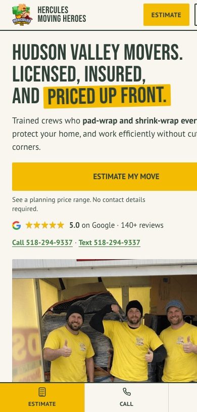 The same homepage on a phone: the headline, the estimate button, the rating, call and text links, and a sticky bar with Estimate and Call buttons